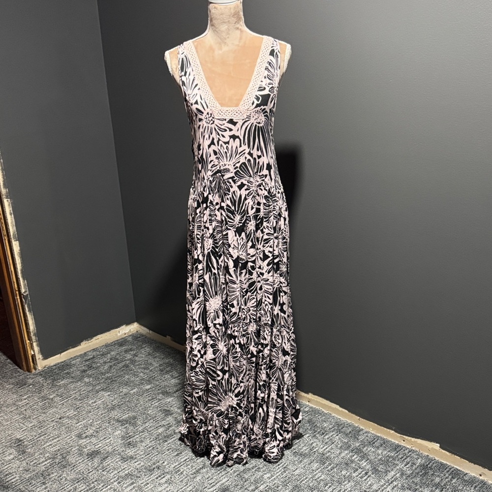 Free People Black and Pink Floral Maxi Dress